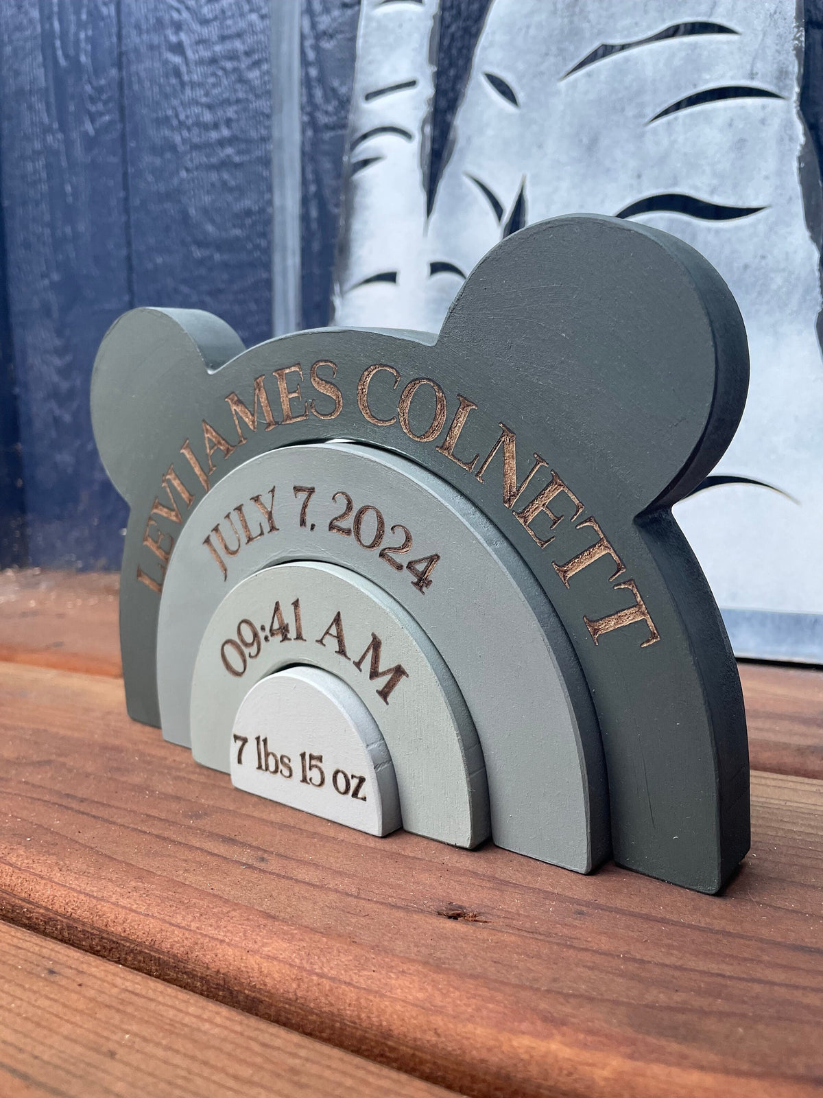 Personalized Wooden Bear Stacker - Custom Birth Announcement & Color Options